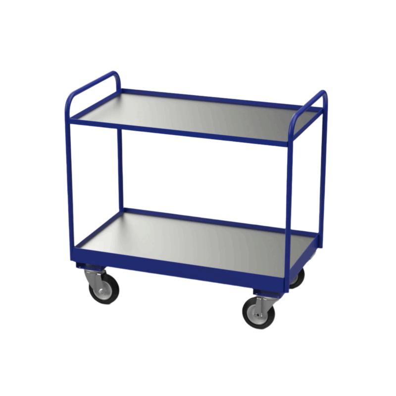 2-tier-tolley-Blue | UK Workbenches & Trolleys Medium Duty Tray Trolley, Steel Shelves, British Made