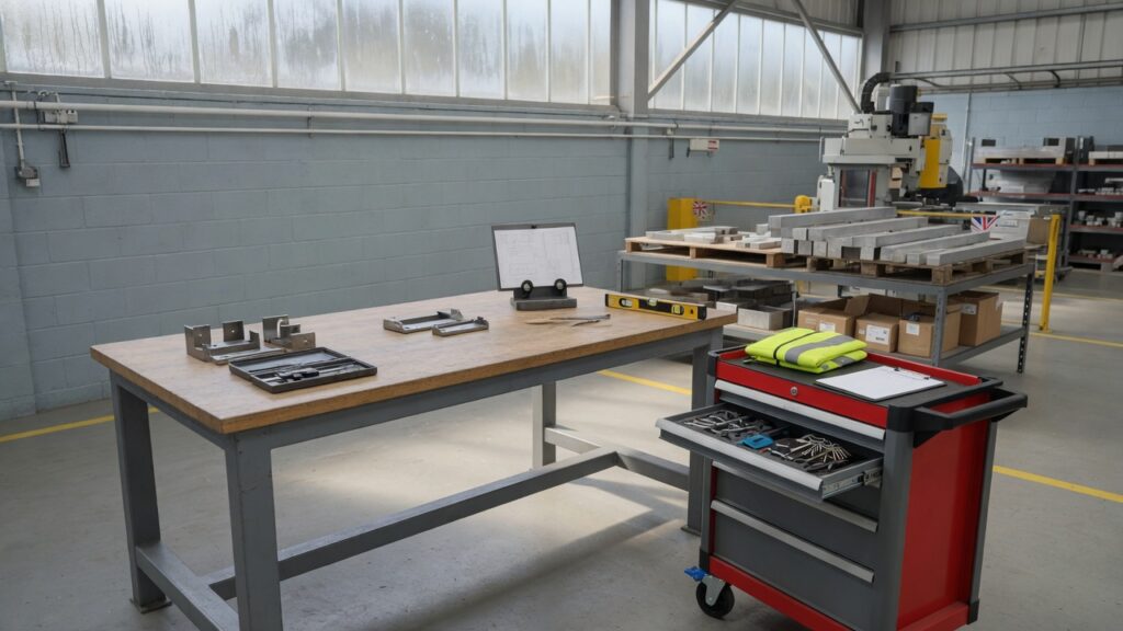 Industrial workbench and trolley on factory floor