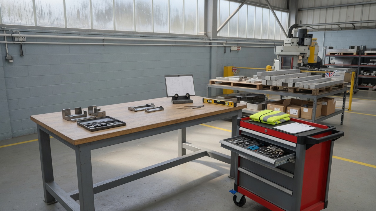 Industrial workbench and trolley on factory floor