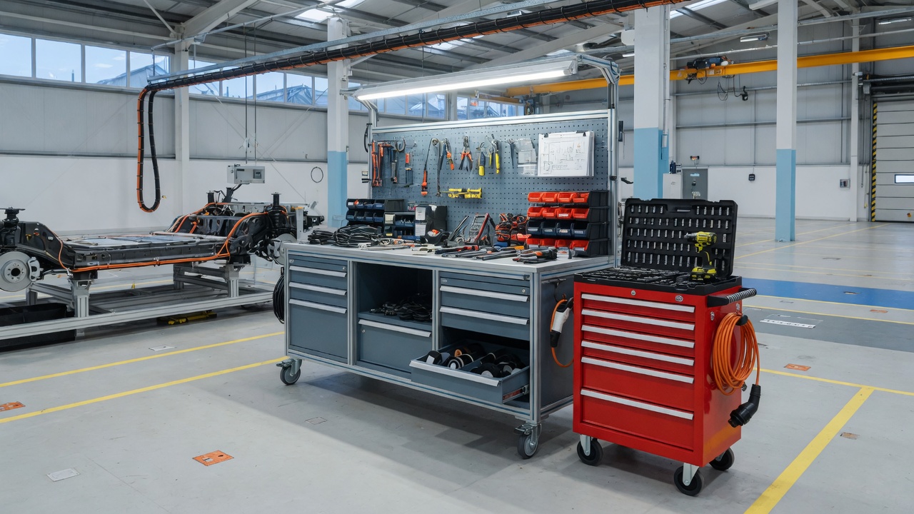Modular workstation and trolley on factory floor