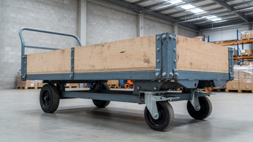 British-made industrial flatbed trolley in a warehouse