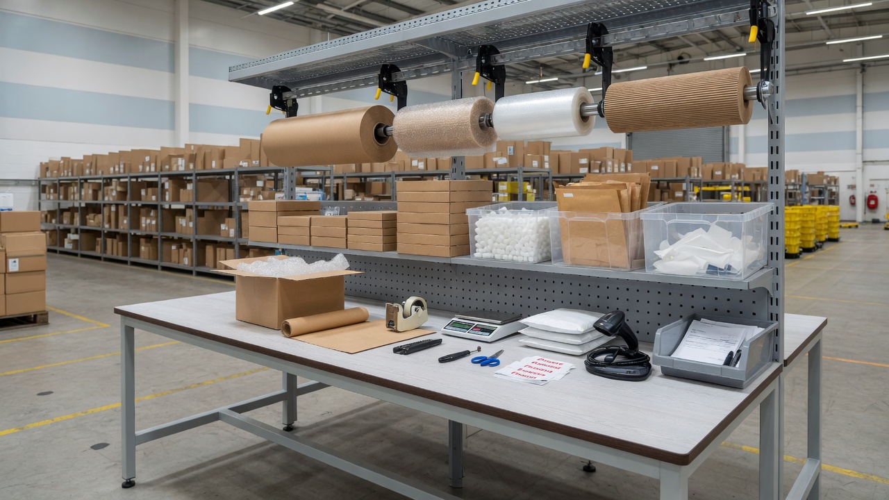 Industrial packing station with roll dispensers