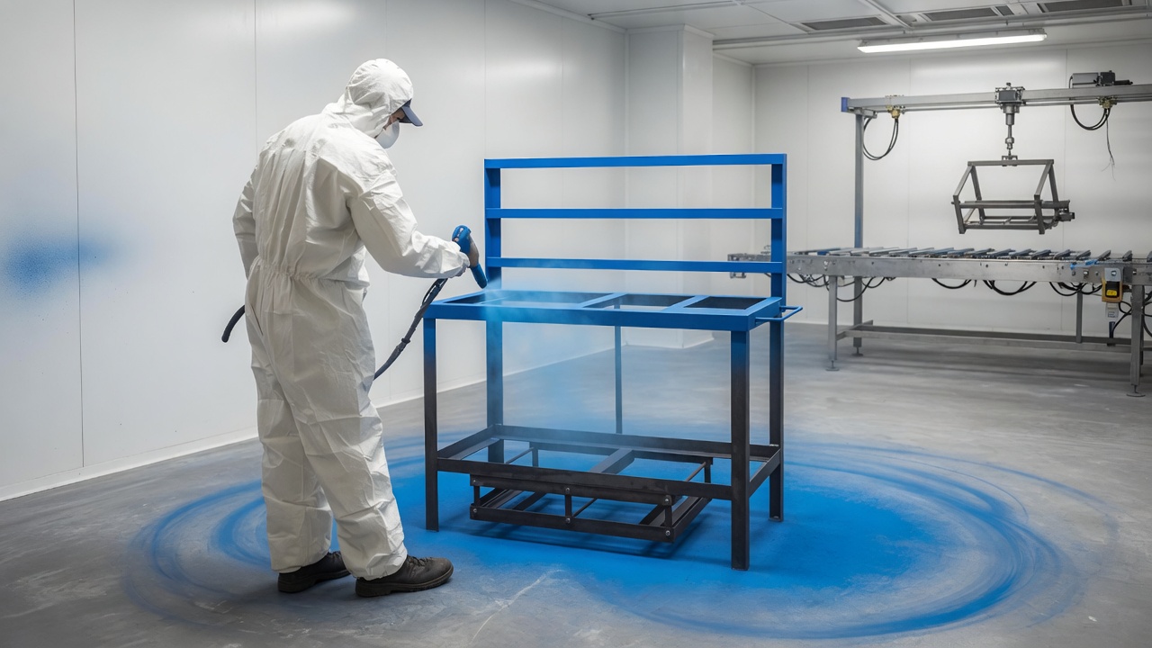 Powder coating booth at UK Workbenches factory