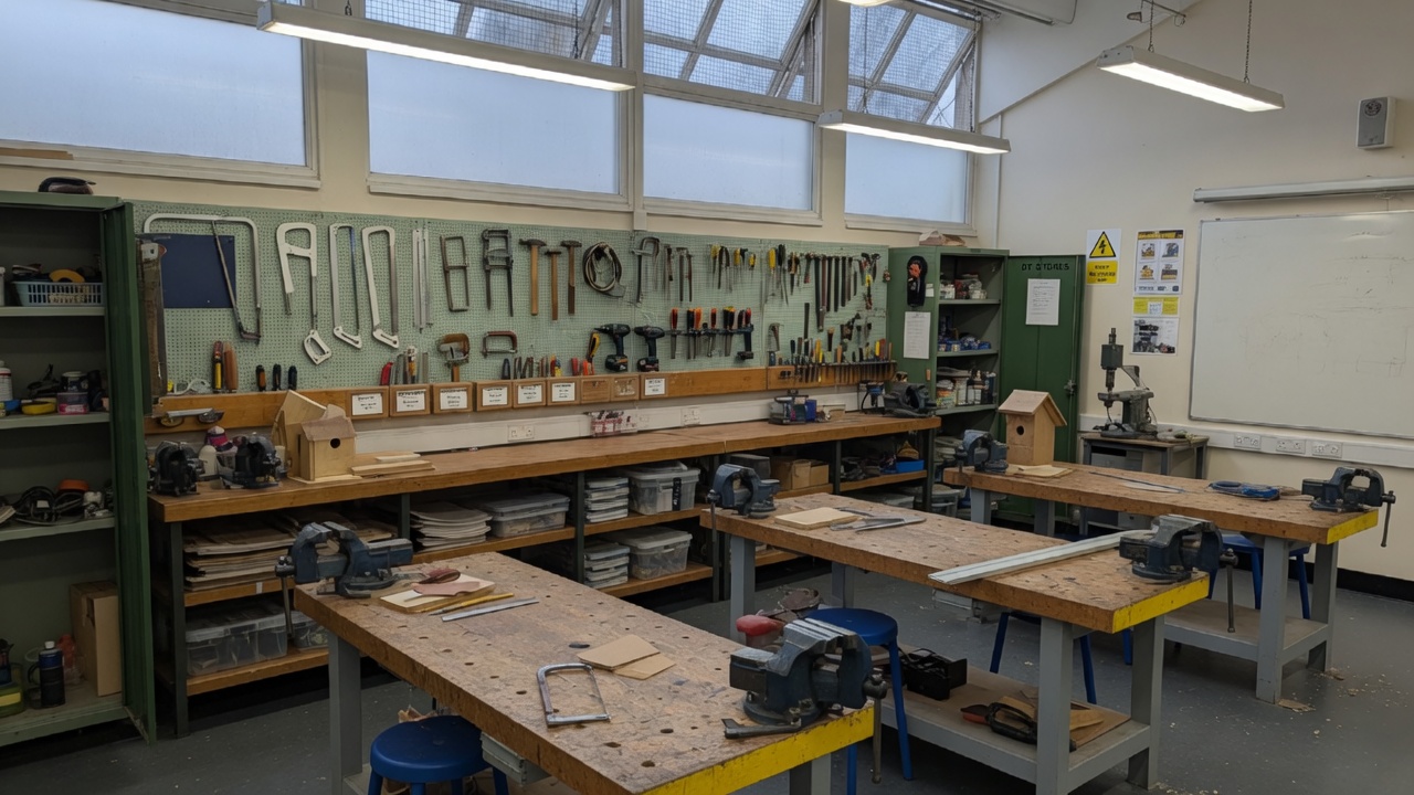 School design and technology workshop with workbenches